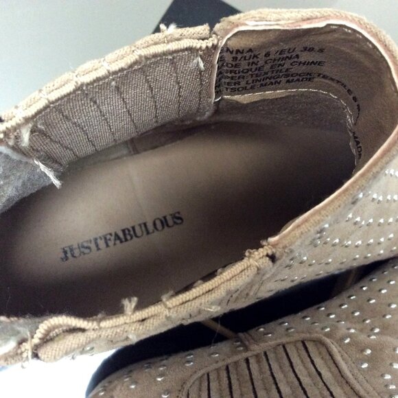 JUST FAB Stud Tan Booties Suede Feel Size 8 Slide On Boots 1 1/2 Heel - Picture 5 of 5